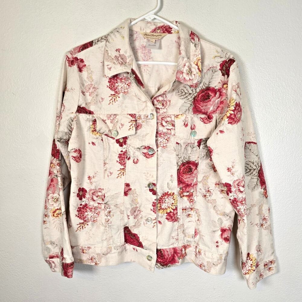 Vintage Norm Thompson Lightweight Jacket Women's M Oatmeal Red Roses Cottagecore